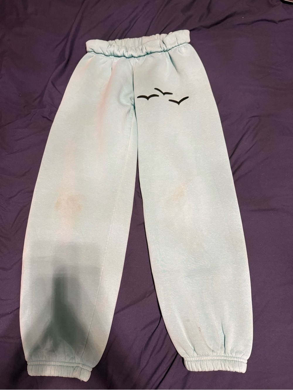 Light Blue Elastic-Waist Sweatpants with Bird Print